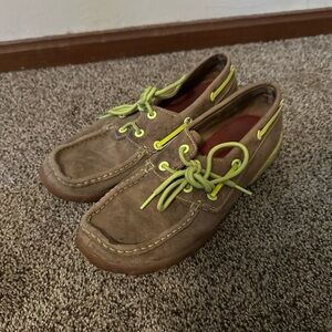 Twisted X Brown Boat Shoes with Bright Green Laces